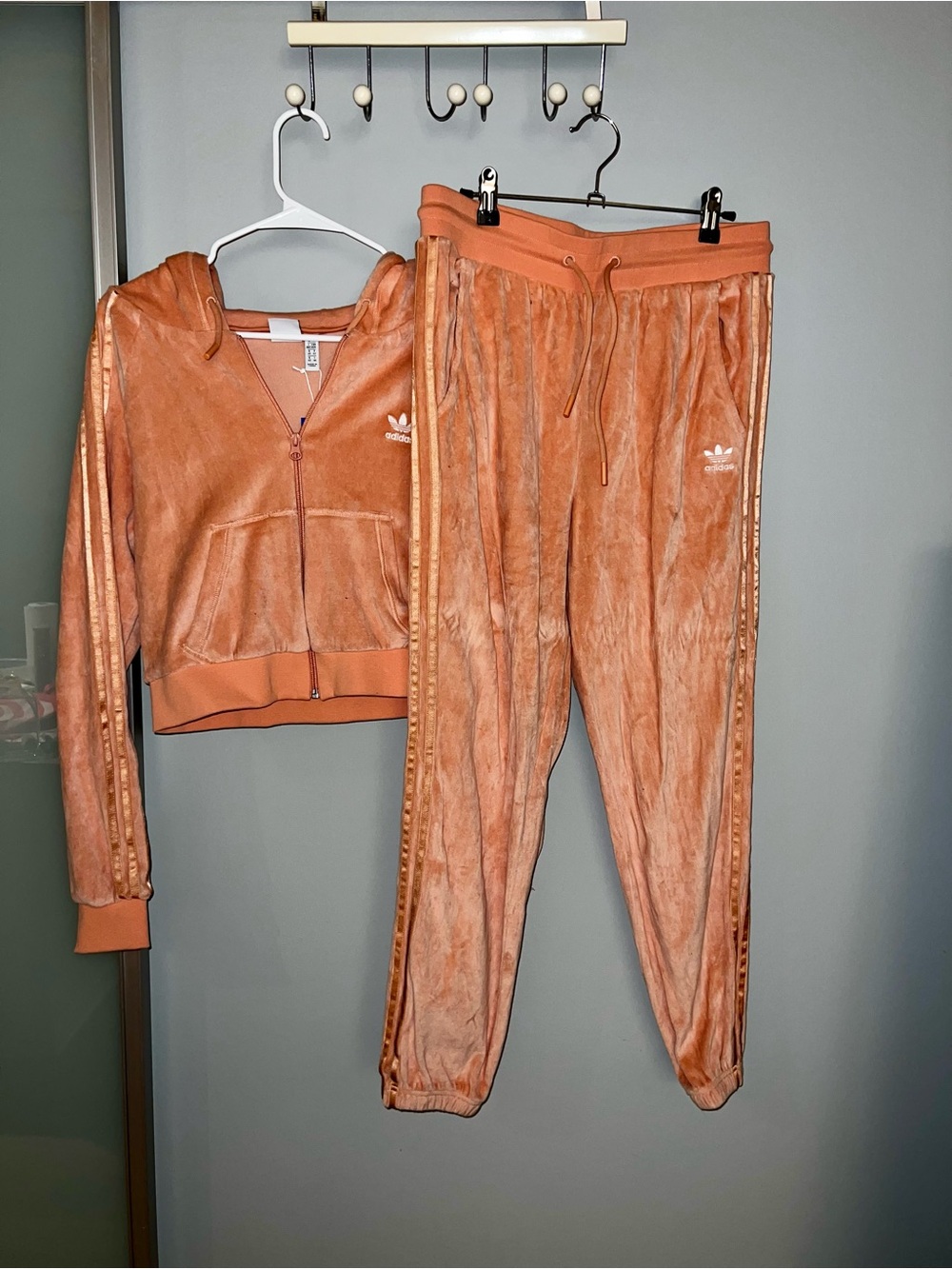 Adidas Originals Peach Velour Tracksuit Set Hoodie + Joggers Size M